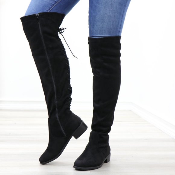 Shoes - Low Heel Faux Suede Black Thigh High Boots